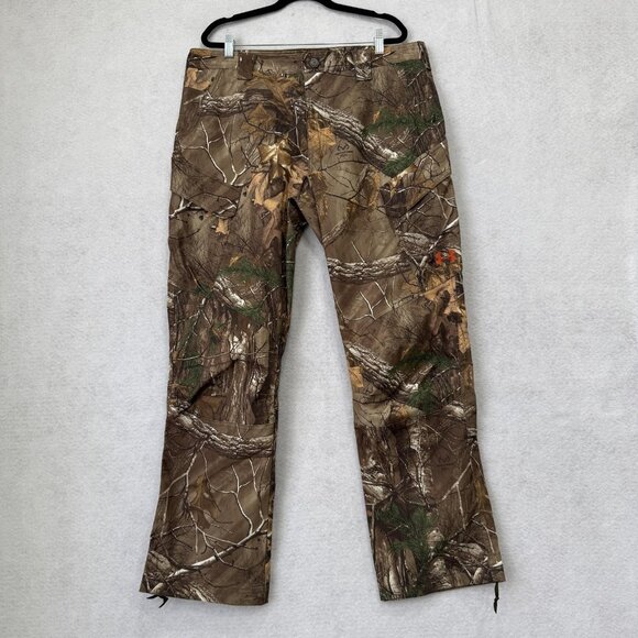 Under Armour Pants Mens 36x32 Camo Hunting Lined Zip Hem Outdoor Brown Logo - Picture 1 of 10